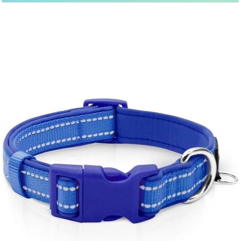 azuza Reflective Dog Collar Blue Soft Neoprene Padded Pet Collar with ID Tag